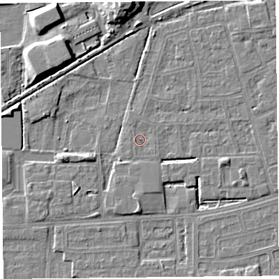 Shaded relief map of the ground around LA44UF, computed from Environment Agency LiDAR. The ground here sits at about 5 m above sea level and falls 10 m across the surrounding 800 m. Surface water reaching this point runs off ground lying to the east-south-east, 3.3 m higher.