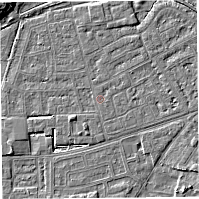 Shaded relief map of the ground around LA44UG, computed from Environment Agency LiDAR. The ground here sits at about 5 m above sea level and falls 11 m across the surrounding 800 m. Surface water reaching this point runs off ground lying to the east-south-east, 0.7 m higher.