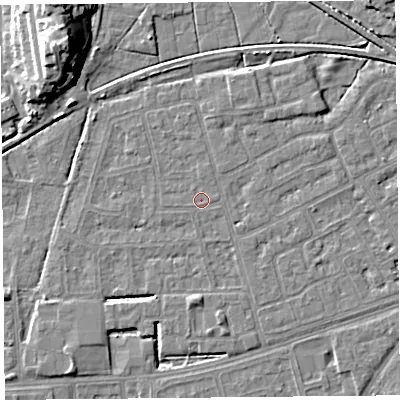 Shaded relief map of the ground around LA44UH, computed from Environment Agency LiDAR. The ground here sits at about 5 m above sea level and falls 14 m across the surrounding 800 m. Surface water reaching this point runs off ground lying to the east-south-east, 0.6 m higher.