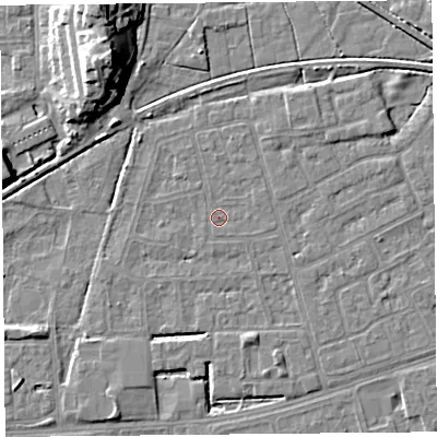 Shaded relief map of the ground around LA44UJ, computed from Environment Agency LiDAR. The ground here sits at about 5 m above sea level and falls 14 m across the surrounding 800 m. Surface water reaching this point runs off ground lying to the east-north-east, 0.5 m higher.