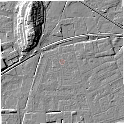 Shaded relief map of the ground around LA44UL, computed from Environment Agency LiDAR. The ground here sits at about 5 m above sea level and falls 14 m across the surrounding 800 m. Surface water reaching this point runs off ground lying to the east-north-east, 0.6 m higher.