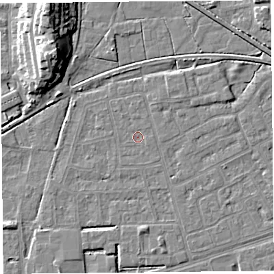 Shaded relief map of the ground around LA44UN, computed from Environment Agency LiDAR. The ground here sits at about 5 m above sea level and falls 14 m across the surrounding 800 m. Surface water reaching this point runs off ground lying to the east, 0.5 m higher.