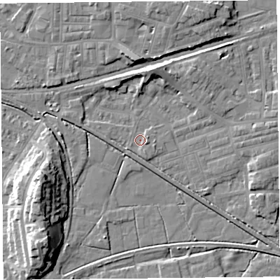 Shaded relief map of the ground around LA44UP, computed from Environment Agency LiDAR. The ground here sits at about 5 m above sea level and falls 13 m across the surrounding 800 m. Surface water reaching this point runs off ground lying to the west-south-west, 13.2 m higher.