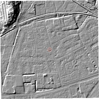 Shaded relief map of the ground around LA44UQ, computed from Environment Agency LiDAR. The ground here sits at about 5 m above sea level and falls 14 m across the surrounding 800 m. Surface water reaching this point runs off ground lying to the north-east, 1.6 m higher.