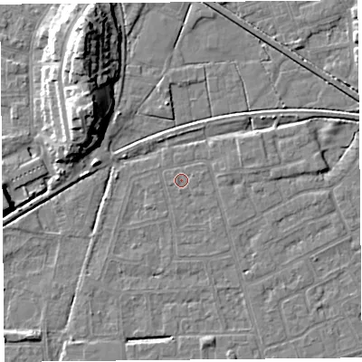 Shaded relief map of the ground around LA44UT, computed from Environment Agency LiDAR. The ground here sits at about 5 m above sea level and falls 14 m across the surrounding 800 m. Surface water reaching this point runs off ground lying to the south, 0.6 m higher.