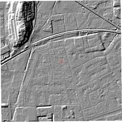 Shaded relief map of the ground around LA44UU, computed from Environment Agency LiDAR. The ground here sits at about 5 m above sea level and falls 14 m across the surrounding 800 m. Surface water reaching this point runs off ground lying to the south-east, 0.5 m higher.