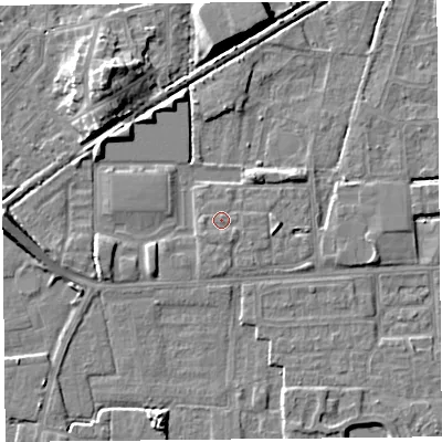 Shaded relief map of the ground around LA44XB, computed from Environment Agency LiDAR. The ground here sits at about 6 m above sea level and falls 9 m across the surrounding 800 m. Surface water reaching this point runs off ground lying to the south-south-east, 0.8 m higher.
