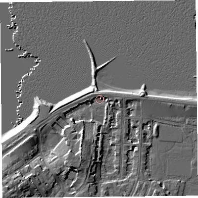 Shaded relief map of the ground around LA45AH, computed from Environment Agency LiDAR. The ground here sits at about 5 m above sea level and falls 10 m across the surrounding 800 m. Surface water reaching this point runs off ground lying to the south-west, 7.2 m higher.