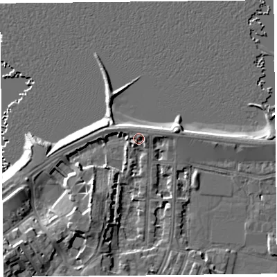 Shaded relief map of the ground around LA45AJ, computed from Environment Agency LiDAR. The ground here sits at about 7 m above sea level and falls 10 m across the surrounding 800 m. Surface water reaching this point runs off ground lying to the west, 1.3 m higher.