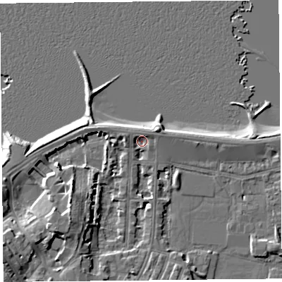 Shaded relief map of the ground around LA45AL, computed from Environment Agency LiDAR. The ground here sits at about 6 m above sea level and falls 9 m across the surrounding 800 m. Surface water reaching this point runs off ground lying to the south-west, 6.8 m higher.