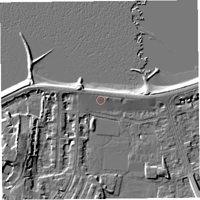Shaded relief map of the ground around LA45AN, computed from Environment Agency LiDAR. The ground here sits at about 7 m above sea level and falls 9 m across the surrounding 800 m. Surface water reaching this point runs off ground lying to the north-north-west, 1.1 m higher.
