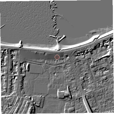 Shaded relief map of the ground around LA45AP, computed from Environment Agency LiDAR. The ground here sits at about 6 m above sea level and falls 8 m across the surrounding 800 m. Surface water reaching this point runs off ground lying to the west-north-west, 1.9 m higher.