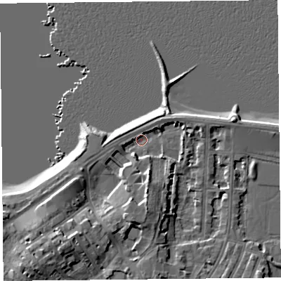 Shaded relief map of the ground around LA45AQ, computed from Environment Agency LiDAR. The ground here sits at about 5 m above sea level and falls 10 m across the surrounding 800 m. Surface water reaching this point runs off ground lying to the south-west, 7.2 m higher.