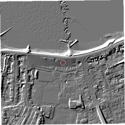 Shaded relief map of the ground around LA45AR, computed from Environment Agency LiDAR. The ground here sits at about 7 m above sea level and falls 8 m across the surrounding 800 m. Surface water reaching this point runs off ground lying to the north-north-west, 1.9 m higher.