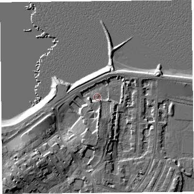 Shaded relief map of the ground around LA45AS, computed from Environment Agency LiDAR. The ground here sits at about 6 m above sea level and falls 10 m across the surrounding 800 m. Surface water reaching this point runs off ground lying to the south, 6.1 m higher.