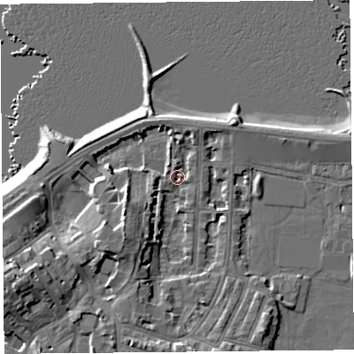 Shaded relief map of the ground around LA45AT, computed from Environment Agency LiDAR. The ground here sits at about 6 m above sea level and falls 10 m across the surrounding 800 m. Surface water reaching this point runs off ground lying to the south-west, 6.6 m higher.