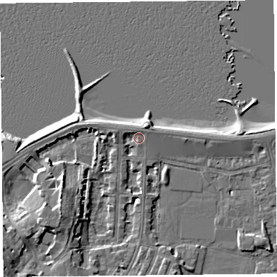 Shaded relief map of the ground around LA45AU, computed from Environment Agency LiDAR. The ground here sits at about 7 m above sea level and falls 9 m across the surrounding 800 m. Surface water reaching this point runs off ground lying to the north-west, 1.9 m higher.