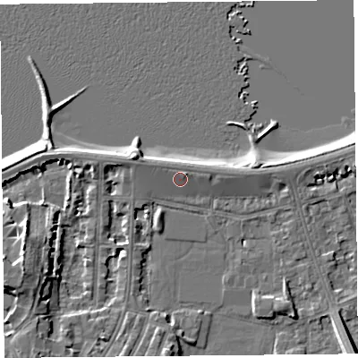 Shaded relief map of the ground around LA45AW, computed from Environment Agency LiDAR. The ground here sits at about 7 m above sea level and falls 9 m across the surrounding 800 m. The ground contributing surface water to this point lies to the north-east.
