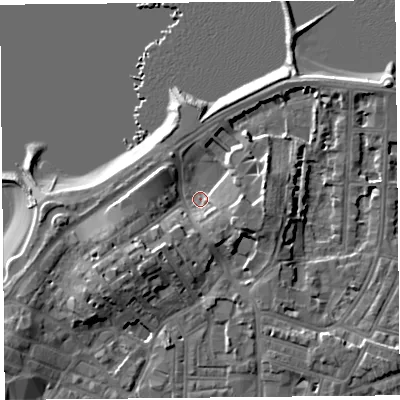 Shaded relief map of the ground around LA45AZ, computed from Environment Agency LiDAR. The ground here sits at about 6 m above sea level and falls 10 m across the surrounding 800 m. Surface water reaching this point runs off ground lying to the south-west, 6.6 m higher.
