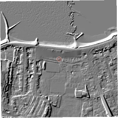 Shaded relief map of the ground around LA45BB, computed from Environment Agency LiDAR. The ground here sits at about 6 m above sea level and falls 9 m across the surrounding 800 m. Surface water reaching this point runs off ground lying to the north-west, 2.1 m higher.