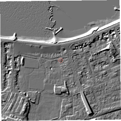 Shaded relief map of the ground around LA45BD, computed from Environment Agency LiDAR. The ground here sits at about 6 m above sea level and falls 9 m across the surrounding 800 m. Surface water reaching this point runs off ground lying to the south-south-east, 6.4 m higher.