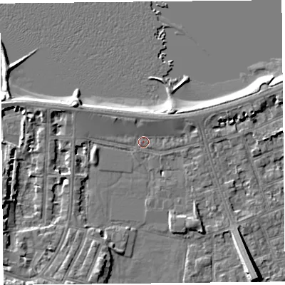 Shaded relief map of the ground around LA45BE, computed from Environment Agency LiDAR. The ground here sits at about 6 m above sea level and falls 9 m across the surrounding 800 m. Surface water reaching this point runs off ground lying to the north-west, 2.1 m higher.