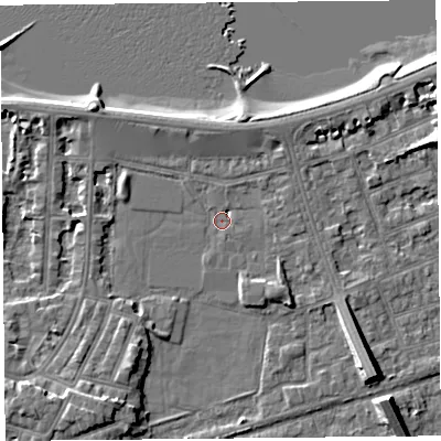 Shaded relief map of the ground around LA45BG, computed from Environment Agency LiDAR. The ground here sits at about 5 m above sea level and falls 9 m across the surrounding 800 m. Surface water reaching this point runs off ground lying to the south-east, 7.0 m higher.