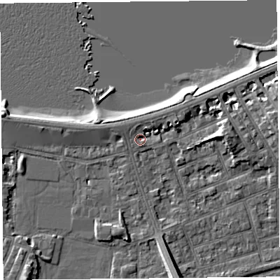 Shaded relief map of the ground around LA45BH, computed from Environment Agency LiDAR. The ground here sits at about 6 m above sea level and falls 8 m across the surrounding 800 m. Surface water reaching this point runs off ground lying to the north-north-west, 1.8 m higher.
