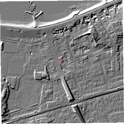 Shaded relief map of the ground around LA45BJ, computed from Environment Agency LiDAR. The ground here sits at about 6 m above sea level and falls 9 m across the surrounding 800 m. Surface water reaching this point runs off ground lying to the north, 1.3 m higher.
