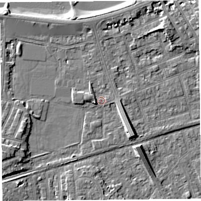 Shaded relief map of the ground around LA45BL, computed from Environment Agency LiDAR. The ground here sits at about 6 m above sea level and falls 9 m across the surrounding 800 m. Surface water reaching this point runs off ground lying to the south-east, 7.0 m higher.