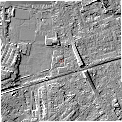 Shaded relief map of the ground around LA45BN, computed from Environment Agency LiDAR. The ground here sits at about 6 m above sea level and falls 7 m across the surrounding 800 m. Surface water reaching this point runs off ground lying to the east, 6.4 m higher.