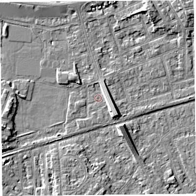 Shaded relief map of the ground around LA45BP, computed from Environment Agency LiDAR. The ground here sits at about 6 m above sea level and falls 7 m across the surrounding 800 m. Surface water reaching this point runs off ground lying to the east, 3.6 m higher.
