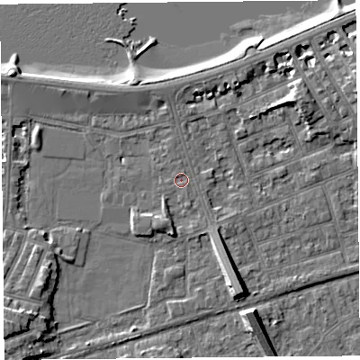 Shaded relief map of the ground around LA45BQ, computed from Environment Agency LiDAR. The ground here sits at about 6 m above sea level and falls 9 m across the surrounding 800 m. Surface water reaching this point runs off ground lying to the south-south-east, 6.1 m higher.