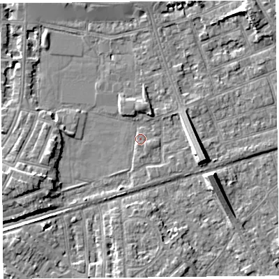 Shaded relief map of the ground around LA45BS, computed from Environment Agency LiDAR. The ground here sits at about 6 m above sea level and falls 7 m across the surrounding 800 m. Surface water reaching this point runs off ground lying to the east-south-east, 7.0 m higher.
