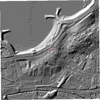 Shaded relief map of the ground around LA45BX, computed from Environment Agency LiDAR. The ground here sits at about 8 m above sea level and falls 10 m across the surrounding 800 m. Surface water reaching this point runs off ground lying to the south-east, 2.1 m higher.