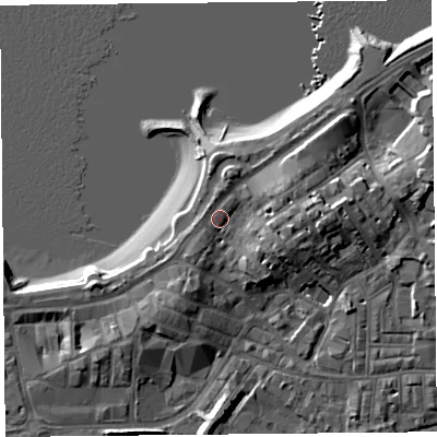 Shaded relief map of the ground around LA45BY, computed from Environment Agency LiDAR. The ground here sits at about 8 m above sea level and falls 10 m across the surrounding 800 m. Surface water reaching this point runs off ground lying to the south-west, 2.2 m higher.
