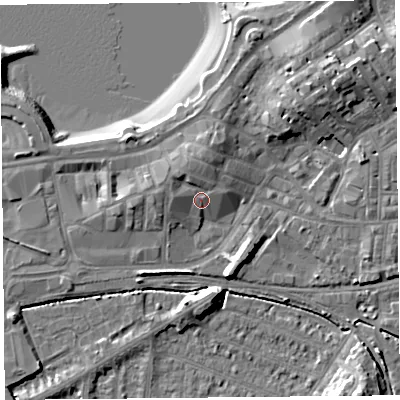 Shaded relief map of the ground around LA45DH, computed from Environment Agency LiDAR. The ground here sits at about 8 m above sea level and falls 11 m across the surrounding 800 m. Surface water reaching this point runs off ground lying to the north-west, 2.5 m higher.