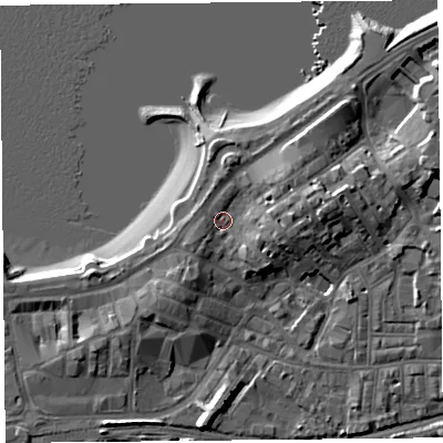 Shaded relief map of the ground around LA45EU, computed from Environment Agency LiDAR. The ground here sits at about 7 m above sea level and falls 10 m across the surrounding 800 m. Surface water reaching this point runs off ground lying to the south-west, 2.2 m higher.