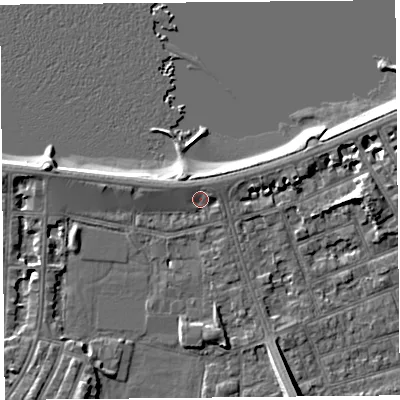 Shaded relief map of the ground around LA45FD, computed from Environment Agency LiDAR. The ground here sits at about 6 m above sea level and falls 8 m across the surrounding 800 m. Surface water reaching this point runs off ground lying to the north-west, 1.8 m higher.