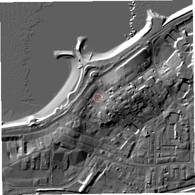 Shaded relief map of the ground around LA45HF, computed from Environment Agency LiDAR. The ground here sits at about 7 m above sea level and falls 10 m across the surrounding 800 m. Surface water reaching this point runs off ground lying to the east, 5.4 m higher.