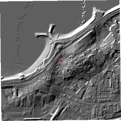 Shaded relief map of the ground around LA45HG, computed from Environment Agency LiDAR. The ground here sits at about 7 m above sea level and falls 10 m across the surrounding 800 m. Surface water reaching this point runs off ground lying to the east, 5.4 m higher.
