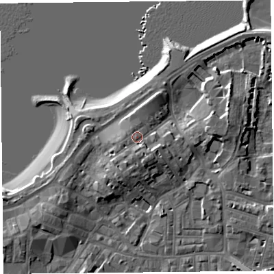 Shaded relief map of the ground around LA45HT, computed from Environment Agency LiDAR. The ground here sits at about 10 m above sea level and falls 10 m across the surrounding 800 m. Surface water reaching this point runs off ground lying to the south, 2.6 m higher.