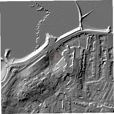 Shaded relief map of the ground around LA45HY, computed from Environment Agency LiDAR. The ground here sits at about 6 m above sea level and falls 10 m across the surrounding 800 m. Surface water reaching this point runs off ground lying to the south-west, 6.8 m higher.