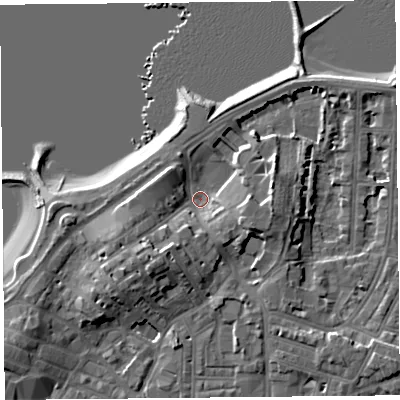 Shaded relief map of the ground around LA45HZ, computed from Environment Agency LiDAR. The ground here sits at about 6 m above sea level and falls 10 m across the surrounding 800 m. Surface water reaching this point runs off ground lying to the south-west, 6.7 m higher.