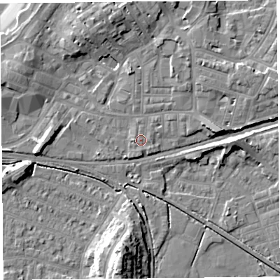 Shaded relief map of the ground around LA45LP, computed from Environment Agency LiDAR. The ground here sits at about 7 m above sea level and falls 15 m across the surrounding 800 m. Surface water reaching this point runs off ground lying to the south-east, 0.7 m higher.