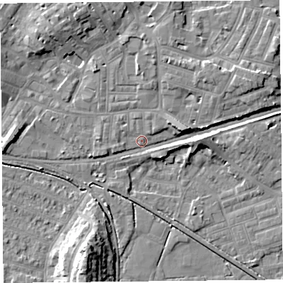 Shaded relief map of the ground around LA45NS, computed from Environment Agency LiDAR. The ground here sits at about 6 m above sea level and falls 13 m across the surrounding 800 m. Surface water reaching this point runs off ground lying to the east, 5.5 m higher.