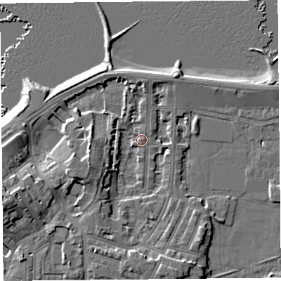 Shaded relief map of the ground around LA45NX, computed from Environment Agency LiDAR. The ground here sits at about 6 m above sea level and falls 10 m across the surrounding 800 m. Surface water reaching this point runs off ground lying to the west-south-west, 7.4 m higher.