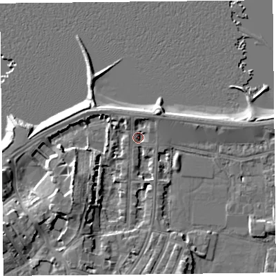 Shaded relief map of the ground around LA45NY, computed from Environment Agency LiDAR. The ground here sits at about 6 m above sea level and falls 9 m across the surrounding 800 m. Surface water reaching this point runs off ground lying to the west-south-west, 6.8 m higher.