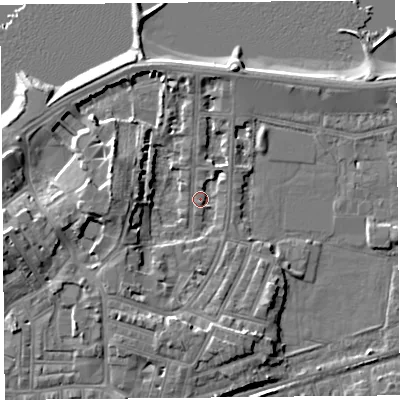 Shaded relief map of the ground around LA45NZ, computed from Environment Agency LiDAR. The ground here sits at about 6 m above sea level and falls 9 m across the surrounding 800 m. Surface water reaching this point runs off ground lying to the south, 5.1 m higher.