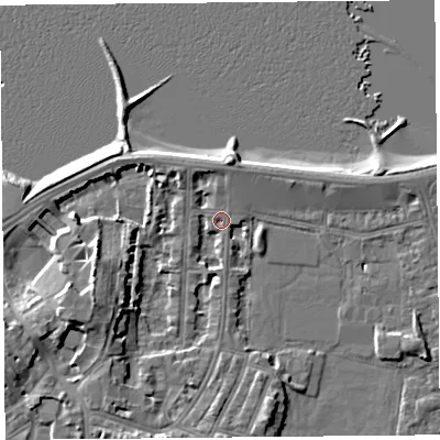 Shaded relief map of the ground around LA45PA, computed from Environment Agency LiDAR. The ground here sits at about 6 m above sea level and falls 9 m across the surrounding 800 m. Surface water reaching this point runs off ground lying to the west-south-west, 6.6 m higher.